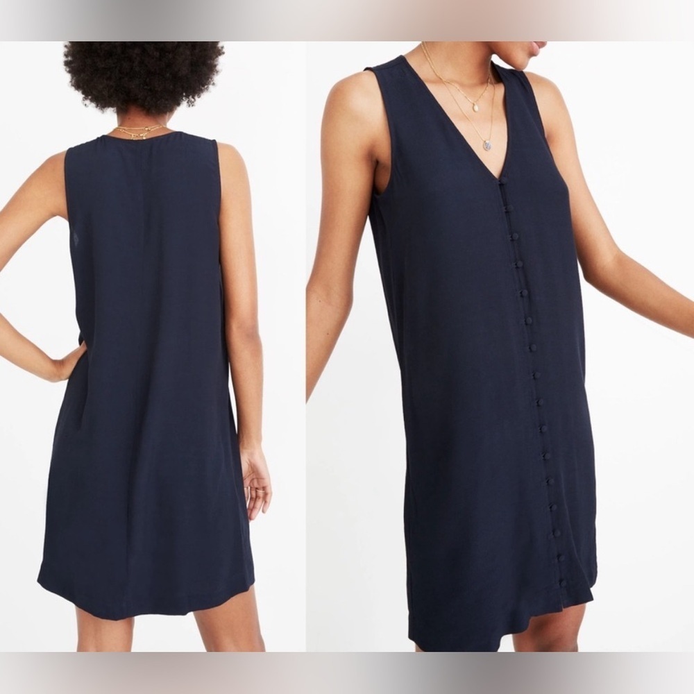 Madewell Heather Button-Front Navy Blue Viscose Shift Mini Dress S